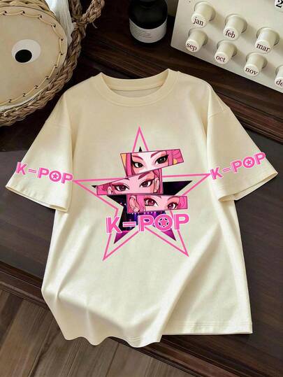 1pc Cute Cartoon Girl Print Short Sleeve T-Shirt, Soft Fabric, Suitable For Spring/Summer Casual & School Wear