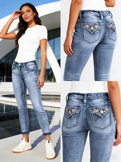 Women's Mid Rise Bootcut Jeans, Faux Flap Pockets With Floral Embroidery, Boot Cut Stretch Denim Pants, Slim Fit