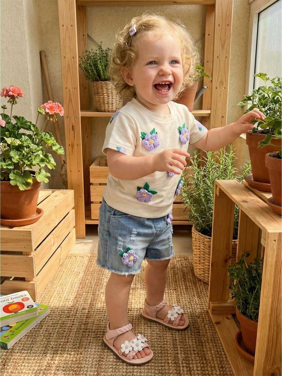 2Pcs Toddler Baby Girl Floral Outfit Infant Summer Clothes Sets 3D Flower Short Sleeve T Shirts And Denim Shorts Set - Purple - View 1