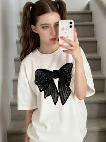 Tween Girls' Cartoon Print Loose Fit Short Sleeve Casual Top, Summer - White - View 1