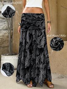 Vintage Cashew Flower Print Mesh Sheer Low Waist Draped Asymmetrical Hem Skirt Black Summer - Black - View 7