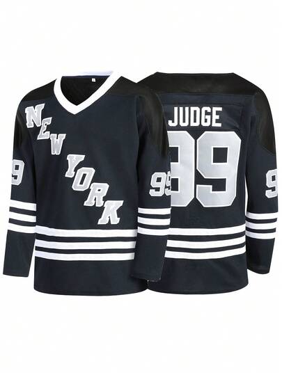 Men's Ice Hockey Jersey #99 Blue V-Neck Long Sleeve Embroidered Sweatshirt Ice Hockey Jersey