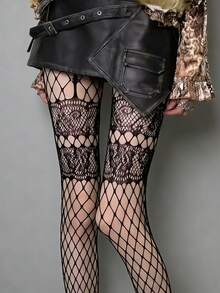 1双复古镂空高街哥特/Emo风渔网袜，性感Y2K坏女孩蕾丝拼接可爱打底裤，2件套分层/渔网灰色镂空+星星印花白色连裤袜，朋克摇滚风长袜，适合派对和庆典 - 彩色 - 查看 3