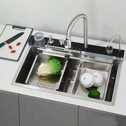 Gourmet Cozinha Inox 304 75x45cm com Torneira Flexível Cascata Flying Rain Kit Completo Winda