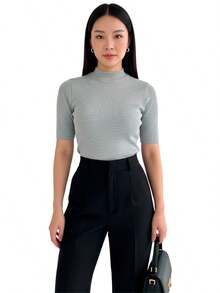 Kit 2 Women's Blouse High Neck Ribbed Premium 3/4 Sleeve Basic Elegant Comfortable Classic And Timeless Women's Fashion Ideal For Work Everyday Or Going Out Combines With Jeans Skirt Or Shorts Versatile Style Essential Piece That Enhances The Look With Comfort And Quality - 黑色+混紡 - 查看 8
