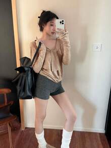 Khaki Ribbon V-Neck Long Sleeve Knit Sweater, Women's Summer Slim Fit Solid Color Chic Versatile Top Fall - Apricot - View 4