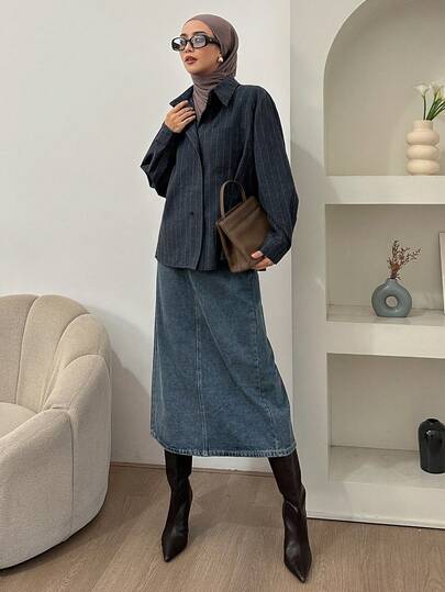 Livesso Women Washed Slit Pocket Solid Color Casual Denim Skirt,Fall Clothes Jeans Skirt