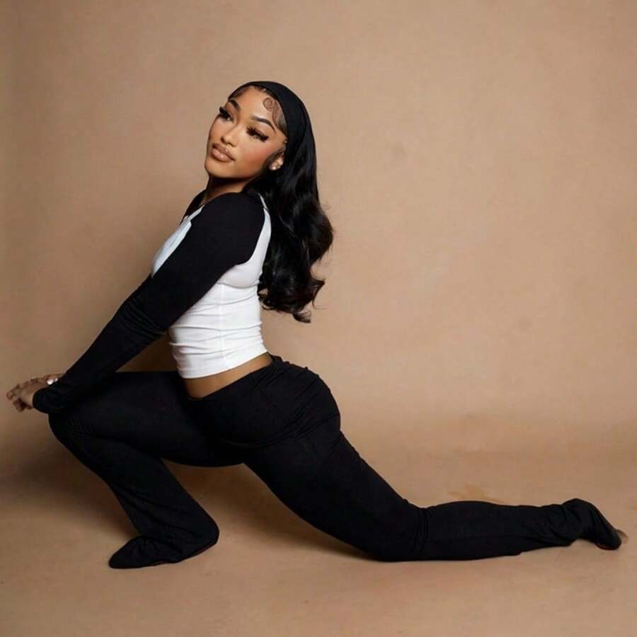 American Casual Sports Suit Basic Contrasting Color Long-Sleeved T-Shirt Waist Trousers Fitness Three-Piece Set, Conjunto De Dos Piezas Mujer - 黑色 - 查看 1
