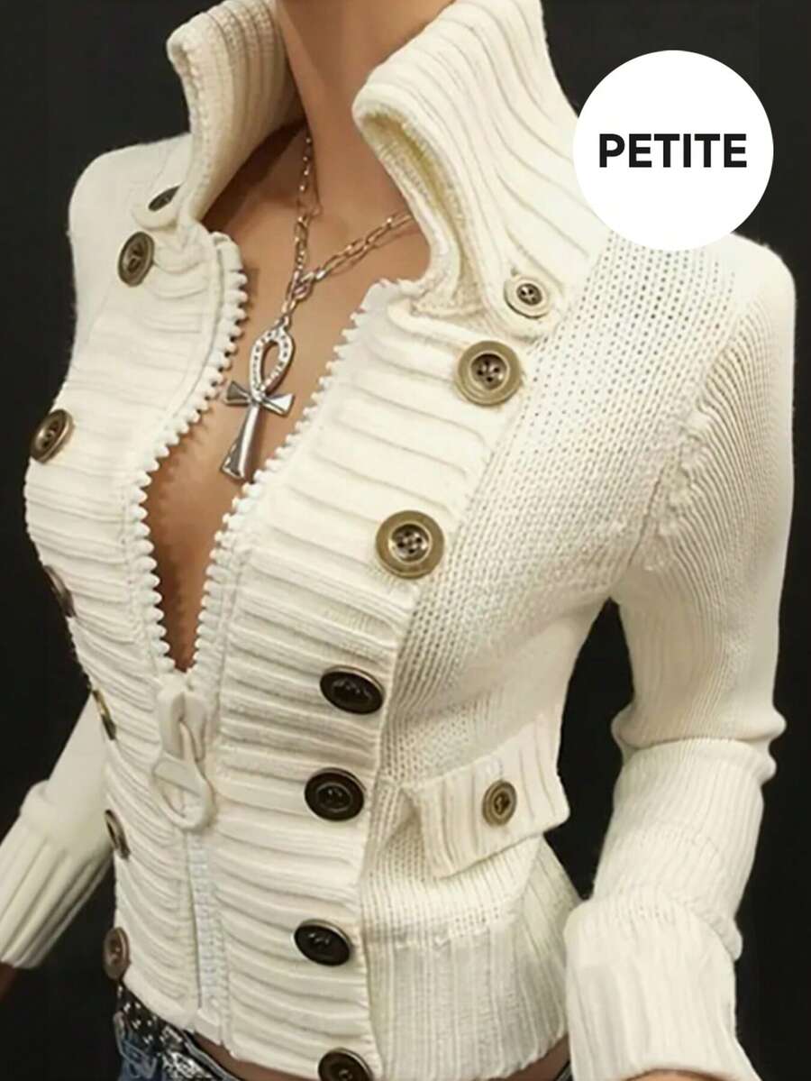 Petite Women Elegant Casual Fashionable Modern Design Deconstructed Double-Breasted Fitted Cardigan - White - View 1