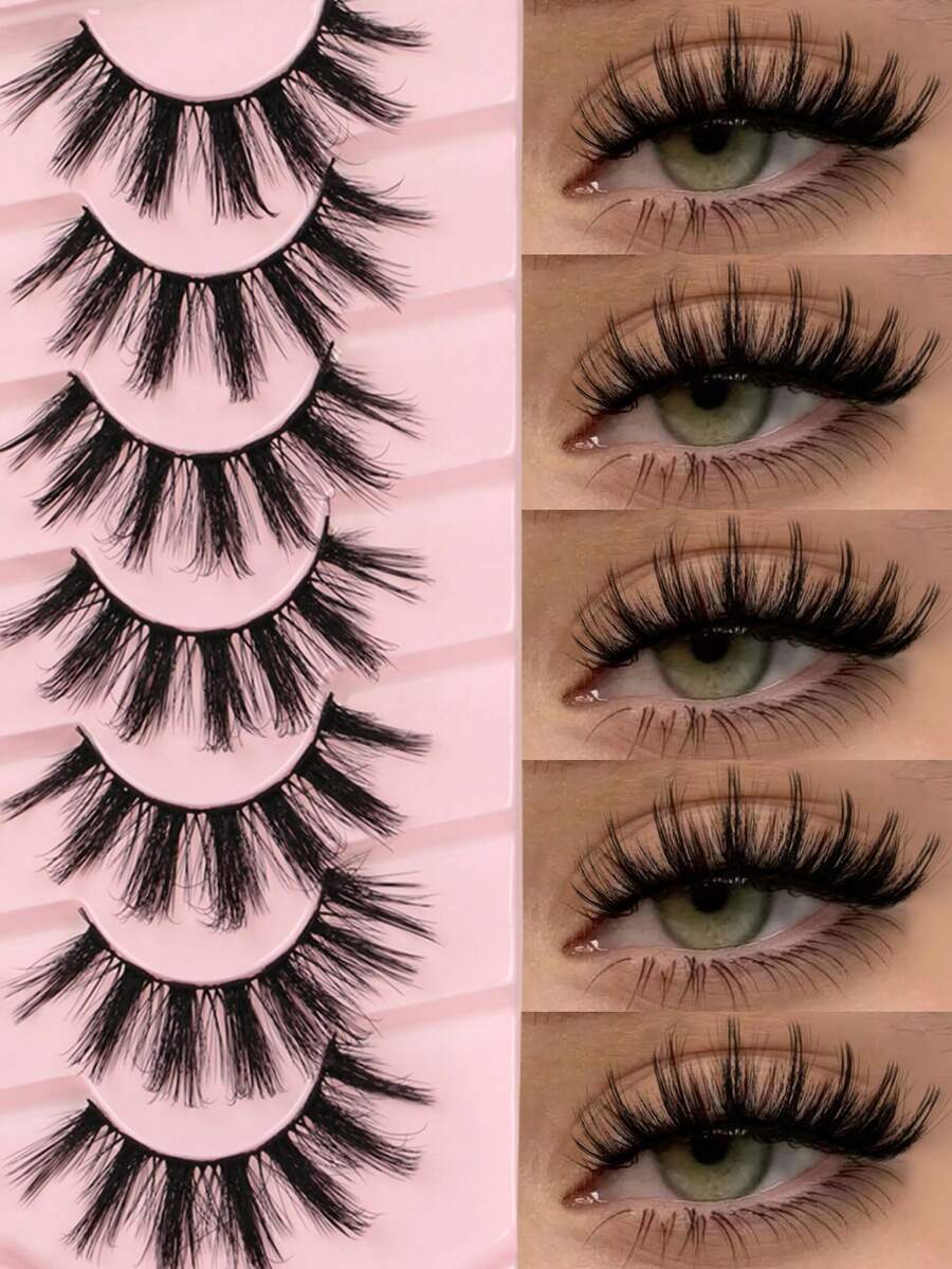 7 Pairs Manga Lashes Cat Eye Lashes Faux Mink Eyelashes Wispy Lashes Pack Natural Full False Eyelashes Cosplay Travel Essentials Makeup Tools Strip Lashes, Lashes, Eyelashes, Fake Lashes - Black - View 1