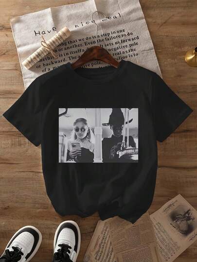 [Vintage Graphic Print Crew Tee] Wicked Movie Vintage Photos Graphic Print T-shirt, Short Sleeve Crew Neck Casual Top for Summer & Spring, Women's Clothing