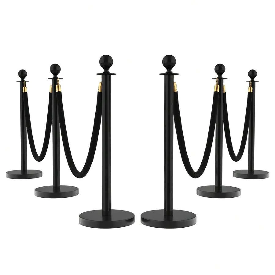 Poste de Control con Cuerda Aterciopelada - Barrera de Acero Inoxidable para en Eventos, Bodas y Exposiciones - 6 piezas - Ver 1