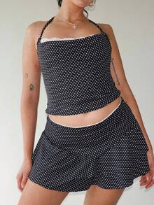 Women Crop Halter Tops Summer Dot Print Lace Trim Backless Sleeveless Vest For Streetwear Aesthetic Clothes - 黑色 - 查看 9