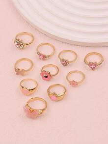 11 piezas Anillos de Rhinestone rosa delicados y lindos, adecuados como regalos de fiesta de cumpleaños para niñas y niños, accesorio de moda para uso diario - 11 anillos para el meñique con diamantes de imitación rosas y dorados - Ver 8