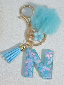 1pc Blue Heart Letter Keychain With Butterfly & Flower Decor, Women Bag Charm, Gift Keyring With Pom Pom Gifts For Mother, Father, Graduation, And Teacher - Baby Blue - View 22