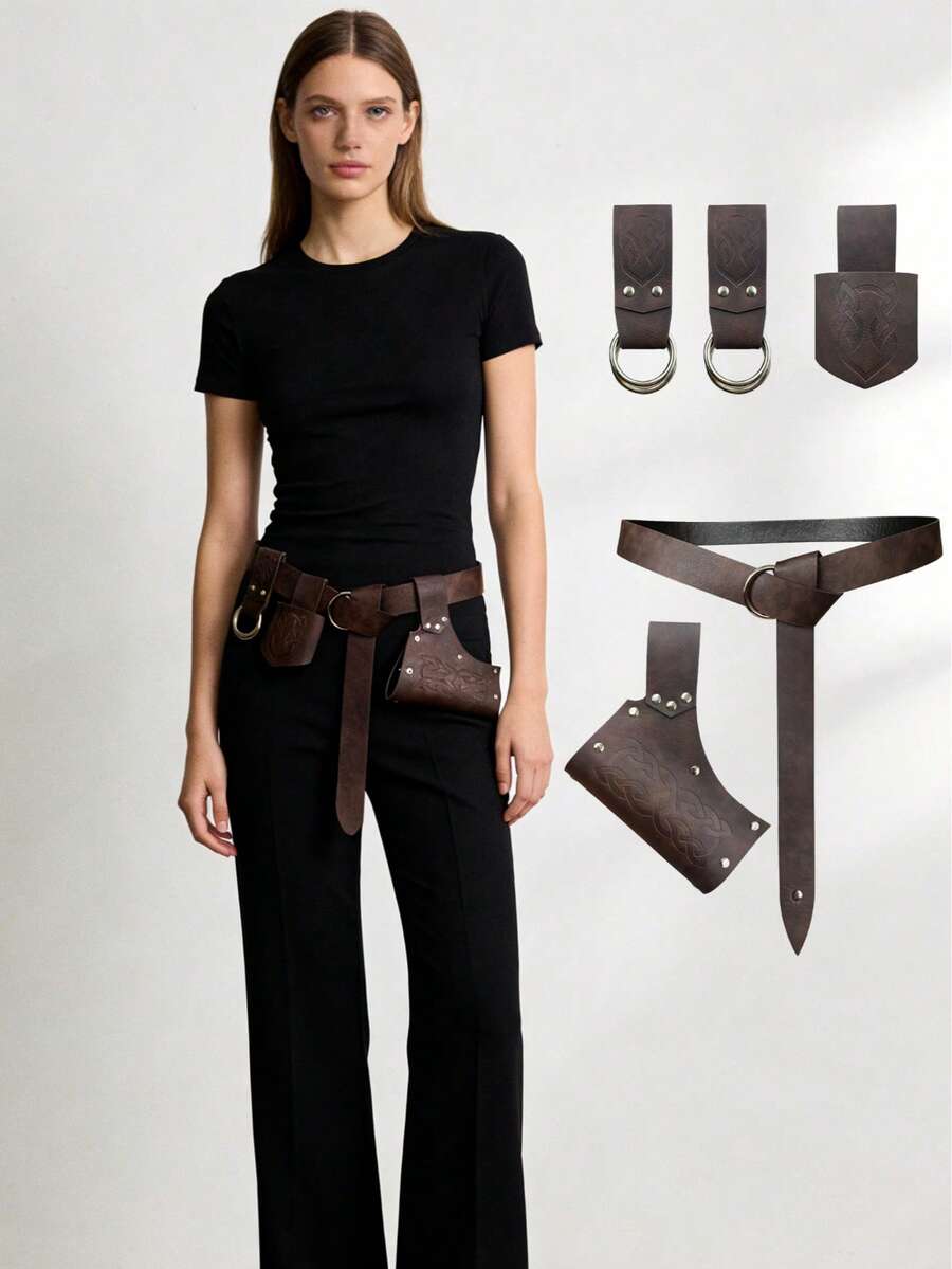 5pcs/Set Vintage Viking Style Faux Leather Belt, Suitable For Men And Women, Party, Performance, Costume Accessories Old Money Vintage Autumn/Fall Urban Outfit Classic Christmas Winter Fashion Daily Men Boyfriend Gift - Rivet Five-piece Set - View 1