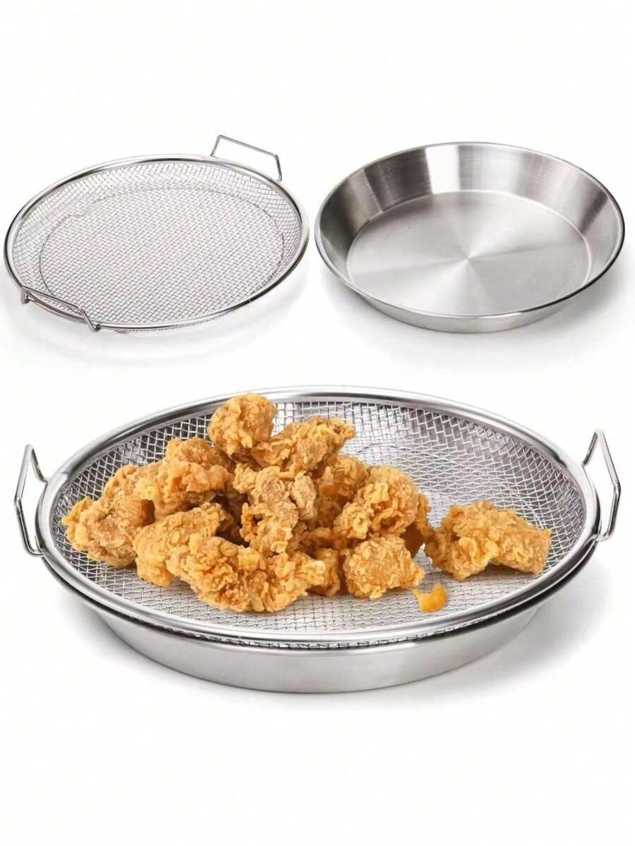 Bộ 2 giá để ráo dầu chiên bằng thép không gỉ chịu lực cao kèm khay hứng dầu - Rổ lưới kim loại tròn có thể gập lại kèm khay hứng dầu, dùng để chiên dầu, rửa rau củ, an toàn với máy rửa chén (Tương thích với nhiều mẫu máy). - Nhiều màu - Xem 1