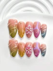 10片装甜美酷炫多巴胺风格美甲套装，亚克力美甲贴纸，手绘五瓣渐变粉色花朵美甲装饰，纯色水波纹、蓝色、紫色、黄色、绿色，手绘紫色岔路图案，明亮活泼的美甲，适合女士和女孩，包含美甲工具（1张果冻贴纸+1个指甲锉），3种尺寸：方形、杏仁形、短矩形，手工按压式美甲贴片 - 彩色 - 查看 3