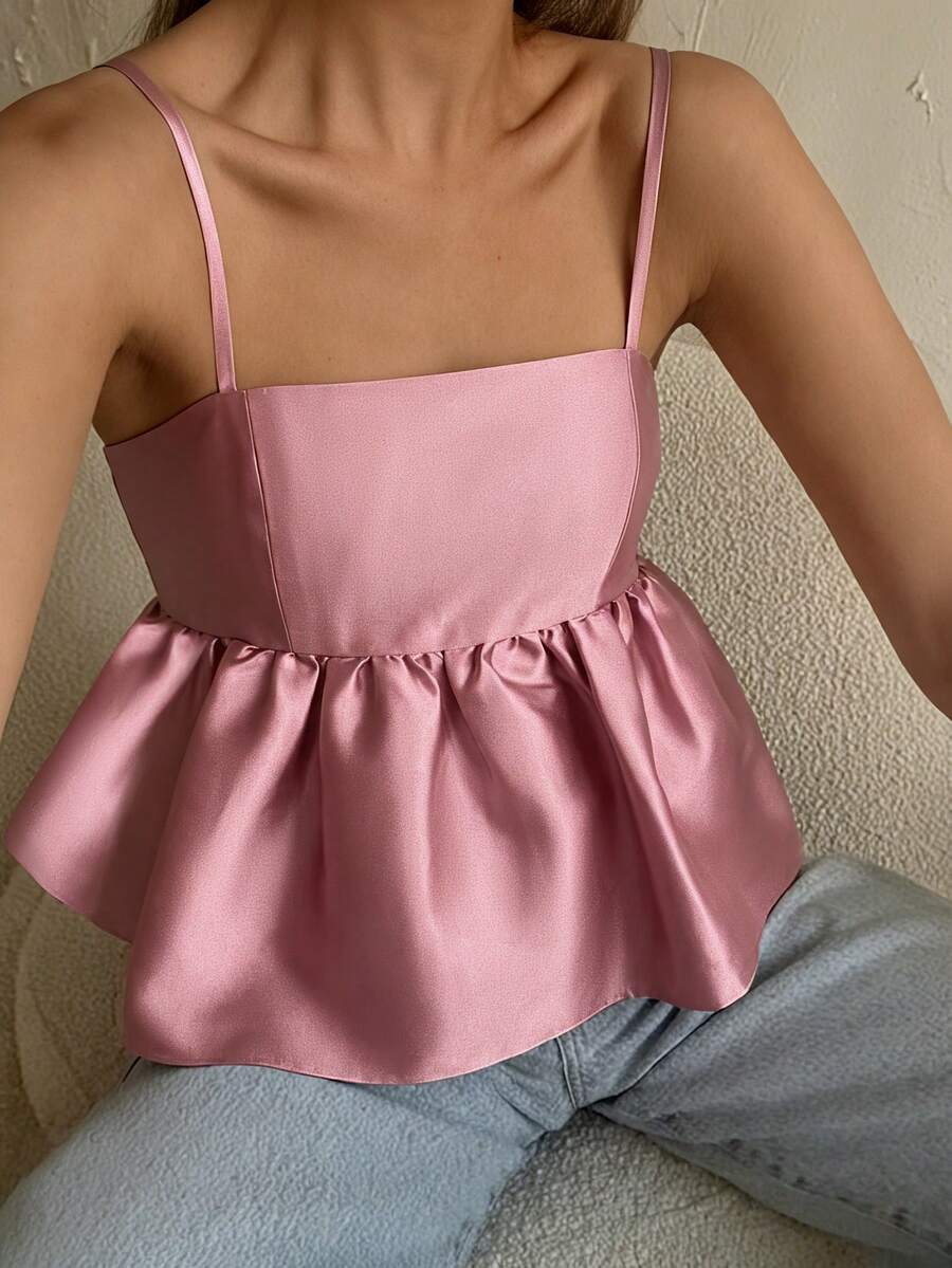 2026 Summer New Sexy White Backless Square Neck Ruffle Trim Fitted Camisole Top Pink - Pink - View 1
