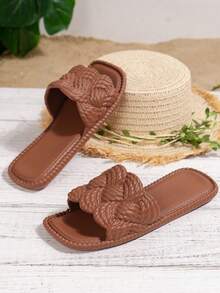 Women's Flat, Versatile, Simple Woven Casual Slip-On Sandals, Comfortable, Soft, Vacation Style Open Toe Slippers - Brown - View 5