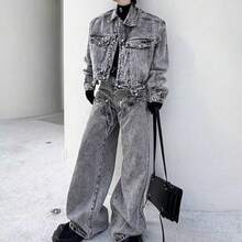 Men Denim Co ords Spring American Streetwear Vintage Patch Pocket Decorated Jacket Pants Set High End Distressed Retro Style - Gris - Ver 3