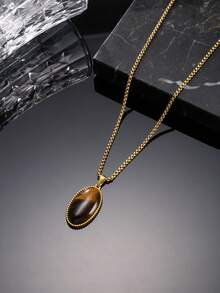 1件时尚复古不锈钢男士吊坠项链，饰有虎眼石、十字架、指南针和黑曜石元素，适合男士日常穿搭、节日庆典和外出场合。 - 金色 - 查看 6