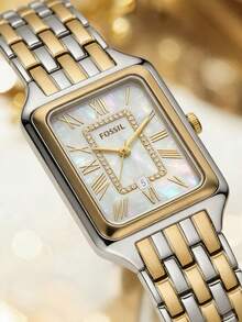 Fossil Women's Raquel Quartz Stainless Steel Three-Hand Watch, Square Series, Stainless Steel Case/Crystal Glass, 26mm Case Diameter - Silver + Gold - View 8