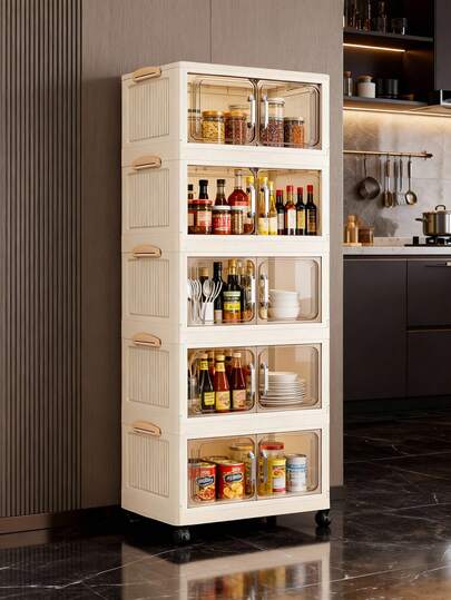 1 pieza Armario de almacenamiento plegable de 45/60 cm, organizador de almacenamiento de plástico con 1-5 niveles y puertas dobles con ruedas, gabinete de varios niveles para juguetes y aperitivos para la sala de estar, estantería de almacenamiento de ropa a prueba de polvo para el hogar