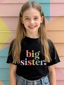 女童可爱彩色字母印花短袖T恤，休闲俏皮圆领套头衫，适合春夏穿着 - 黑色 - 查看 2