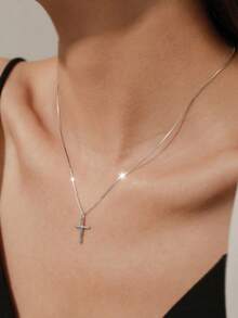 1pc S925 Sterling Silver Personalized Design Versatile Cross Necklace, Women Minimalist Small Cross Pendant Clavicle Chain, Elegant Refreshing Necklace Gift - Cross - View 9
