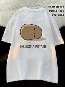 Women's Casual Loose T-Shirt With "I'm Just A Potato" Cartoon Design - Soft And Breathable, Round Neck, Short Sleeve, White, Perfect For Spring And Summer, Everyday T-Shirt With Humorous Pattern, Comfortable Fit - màu đen - Xem 6