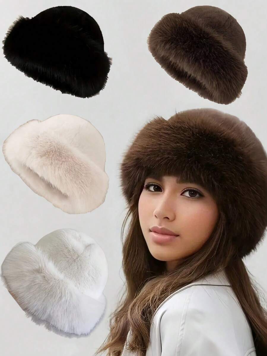 1pc Solid Color Fluffy Bucket Hat,Fuzzy Mongolian Hat,Warm And Cozy Bucket Hat For Winter, Warm Accessory - Multicolor - View 1