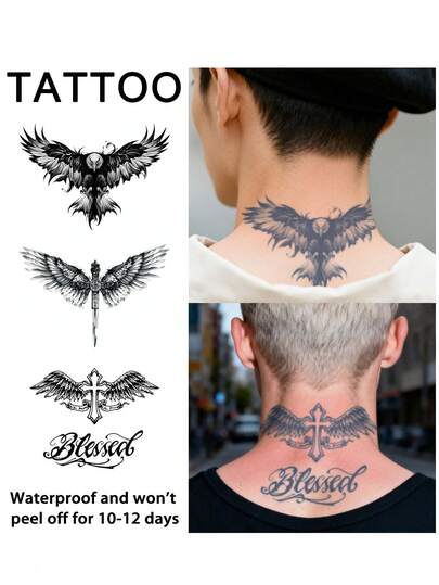 3Pcs Men Tattoo Fake Temporary Tattoos Wings Y2K Semi Permanent Tattoo Waterproof Sweatproof Last For 1-2 Weeks Realistic Herbal Juice Anti-Friction Non-Reflective Black For Woman And Men Tattoo Stickers For Arm, Chest, Leg, Abdomen, Waist, Finger, Neck, Spine, Modernist Body Art