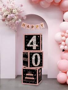 3 Stück/Set Rosa & Schwarz 40. Geburtstag Papierboxen, 16./21./30./40./50./60. Geburtstags Party Deko, 16/21/40 Jahre alt Zubehör, Glücklicher Geburtstags Party Dekoration, Heim Party Zubehör Hintergrund Dekorative Boxen, Party Hintergrund Deko, Fotografie Requisiten, Überraschungs Geschenkverpackungs Boxen - Schwarz Rosa - Übersicht 5