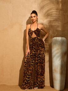 LOVE&LEMONADE Bộ jumpsuit dài gợi cảm màu nâu da báo, dây mảnh, hở lưng, khoét eo, buộc dây, thích hợp cho kỳ nghỉ và tiệc tùng. - màu nâu - Xem 2