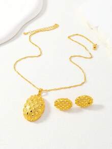 两件套中东斋月铜金色镂空点状椭圆形吊坠项链耳环首饰套装，馈赠亲友的最佳礼物 - 金黃色 - 查看 3