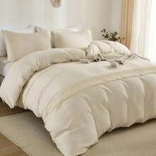 Beige Duvet Cover Set King Bohemian Tassle Bedding Set Soft Washed Microfiber With Zipper Closure - Beige Bohemian-0 - View 2