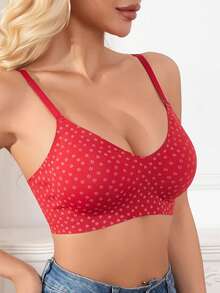 Women's Comfortable Adjustable Strap Fashionable Sweet Printed Fitted Cup Bra - Red - View 5