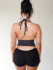Women Crop Halter Tops Summer Dot Print Lace Trim Backless Sleeveless Vest For Streetwear Aesthetic Clothes - 黑色 - 查看 4