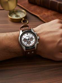 Fossil 男士石英计时腕表，圆形表盘，棕色皮表带，三眼显示，商务休闲风格，适合日常佩戴和作为礼物 - 棕色 - 查看 7