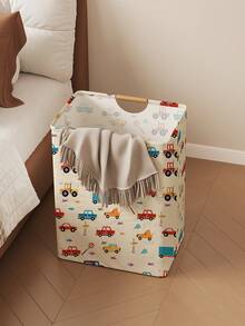 1pc Foldable Storage Basket With Car Print, Collapsible Laundry Hamper Bag With Wooden Handle, Home Bathroom Dirty Clothes Storage Bin - Multicolor - View 3