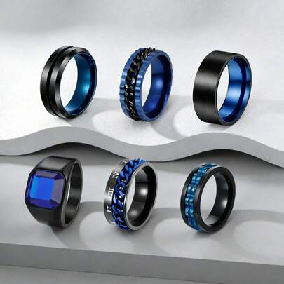 6pcs Men's Stainless Steel Wedding Rings - Glass Seal & Chain Rings - Punk Style Biker Fashion Jewelry Set - Size 7-13