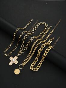 4pcs Vintage Coin Portrait, Cross, Faux Pearl Pendant Necklace Set, Layered Necklaces For Women, Suitable For Dates, Parties, Balls, Birthdays, Holidays, Everyday Wear - Yellow Gold - View 7