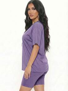 2pcs Loose Fit Top & Biker Shorts Set For Women, Solid Color Round Neck Machine Washable Comfy Basic Loungewear Sets For Summer Spring Fall - Quả nho - Xem 2