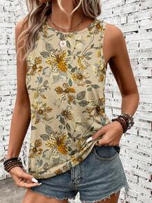 Women's Leaf & Floral Print Sleeveless Top, Fashionable Elegant Casual Daily Wear - Apricot - View 6
