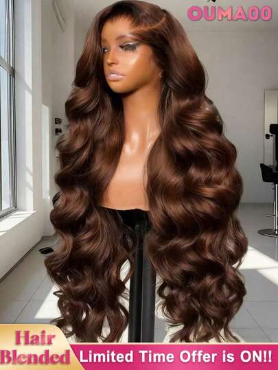 13x4 13X6 5X5 HD Transparent Lace Front Wig Brazilian Virgin Human Blended Hair Body Wave 34 Inch - 200% High Density Grade Pre-Plucked Glueless Frontal Wig With Baby Hair For Women, Chocolate Brown No Glue & Ready To Wear