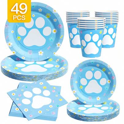 Blue Base Cute Paw & Flower Disposable Plate, Napkin, Cup Set, Plates, Napkins And Cups Party Supplies, Suitable For 8 Guests, Disposable Paper Plates Party Tableware Suitable For Birthday, Wedding, Theme Party, Family Picnic
