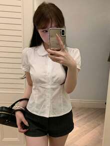 Sweet French Style White Doll Collar Blouse, Waist Cinched Design, Fitted Short Sleeve Top, Summer - White - View 3