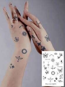 6pcs/1pc Herbal Juice Semi-Permanent Tattoo, Simple Line Art Abstract Face, Rose Branch, Fern, Butterfly, Cosmic Symbol Patterns, Waterproof, 7-14 Days Lasting, Suitable For Valentine's Day, Carnival Gifts - Blue - View 14