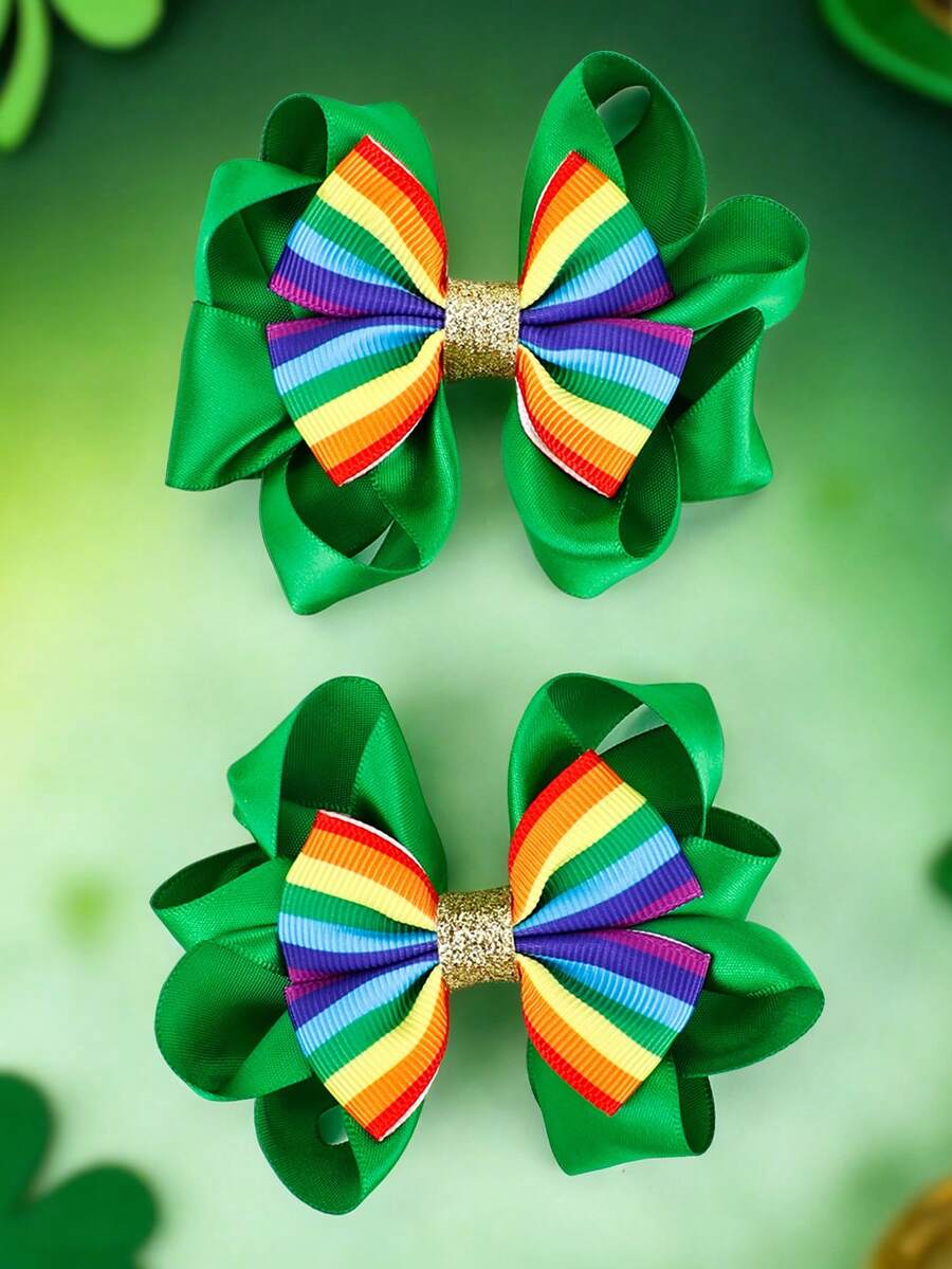 2pcs/Pack Saint Patrick's Day Green Clover Bow Hair Clips For Girls - Multicolor - View 1